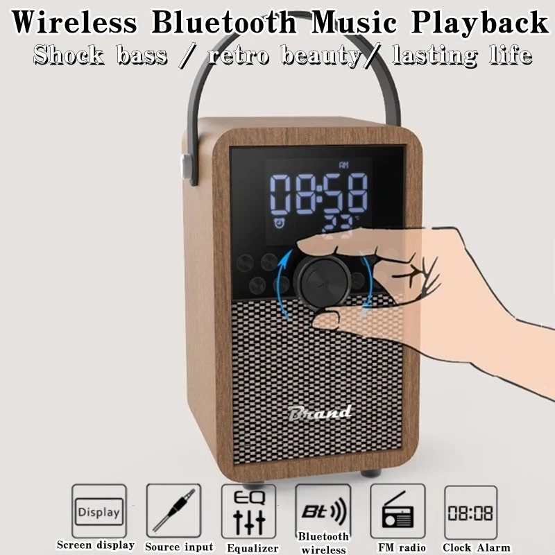 

Handhold Outdoor Wooden Bluetooth Speakers Retro Fm Radio Digital Led Alarm Clock BT Wireless Portable Strong Bass Boom Box USB