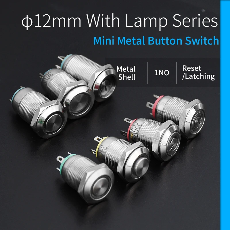 12mm Waterproof Metal Push Button Switch LED Light Momentary Locking Car Engine PC Power Switch 3V 5V 12V 24V 220V Ring Symbol