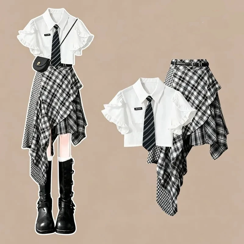 

Women's Summer Preppy Style Short Shirt with Tie Plaid Asymmetrical Skirts Two Piece Set Lady Fashion White Tops Skirts Outfits