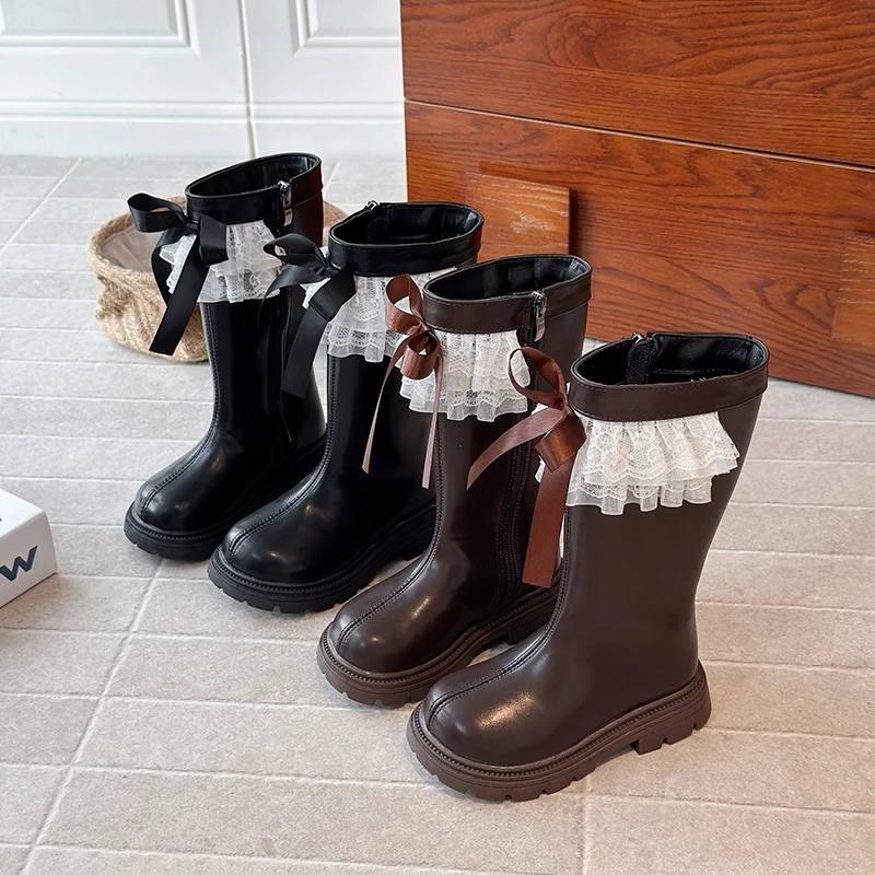 

2025 Autumn Winter Korean-style New Girls Fashion Lace Bow Leather Boots Children Fur Lined Boots Kids Princess Long Boots