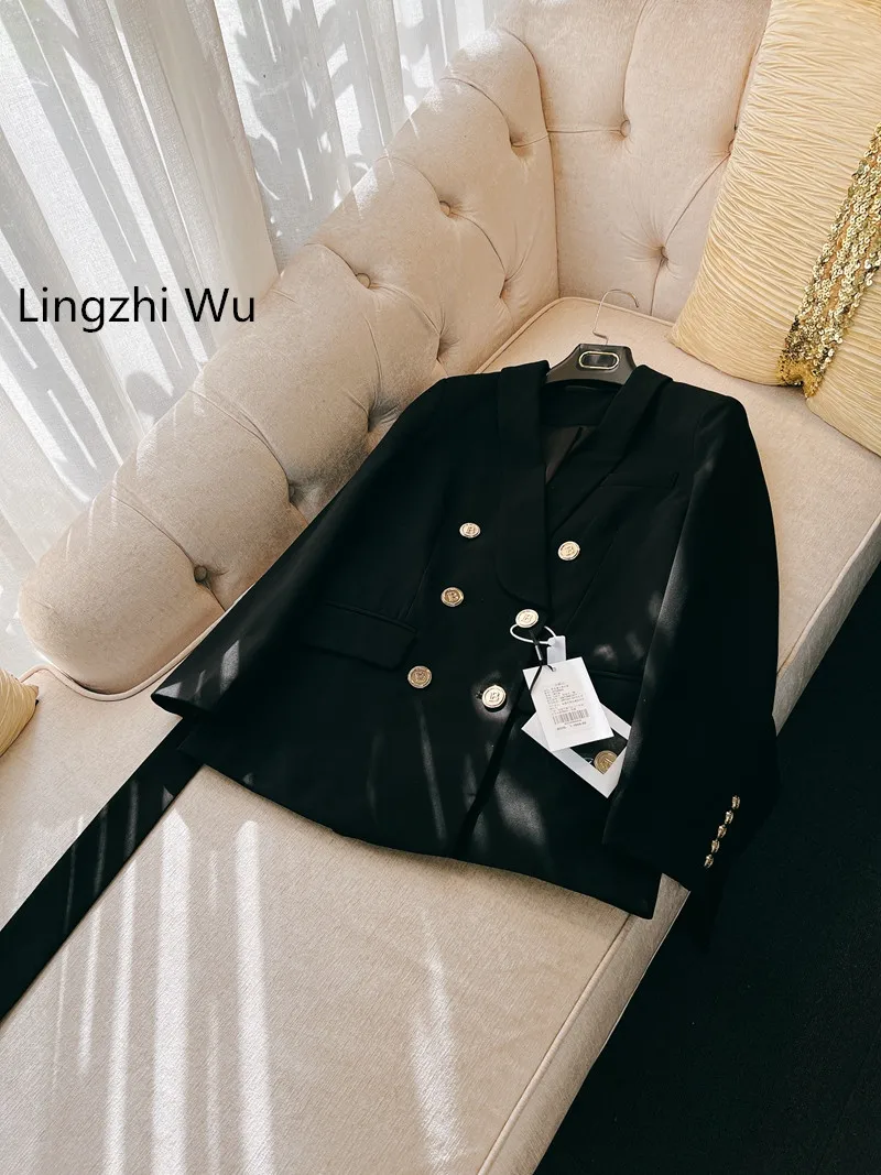 Lingzhi Wu Franse Vintage Britse Elegante Slanke Taille Jas Met Riem Topkwaliteit Zwarte Dames Blazer Bovenkleding Herfst Winter