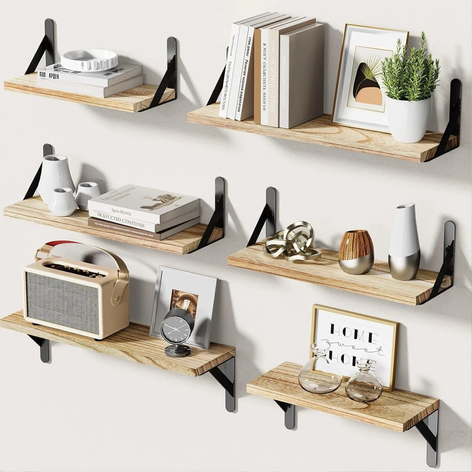 

Set Of 6 Floating Shelves For Wall Decor, Rustic Farmhouse Style, Wood Shelves For Bathroom Bedroom Living Room Storage, 3 Sizes