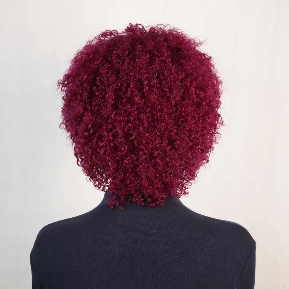 Borgonha curto pixie afro kinky encaracolado peruca com franja remy cabelo humano máquina feita perucas jerry encaracolado peruca para preto
