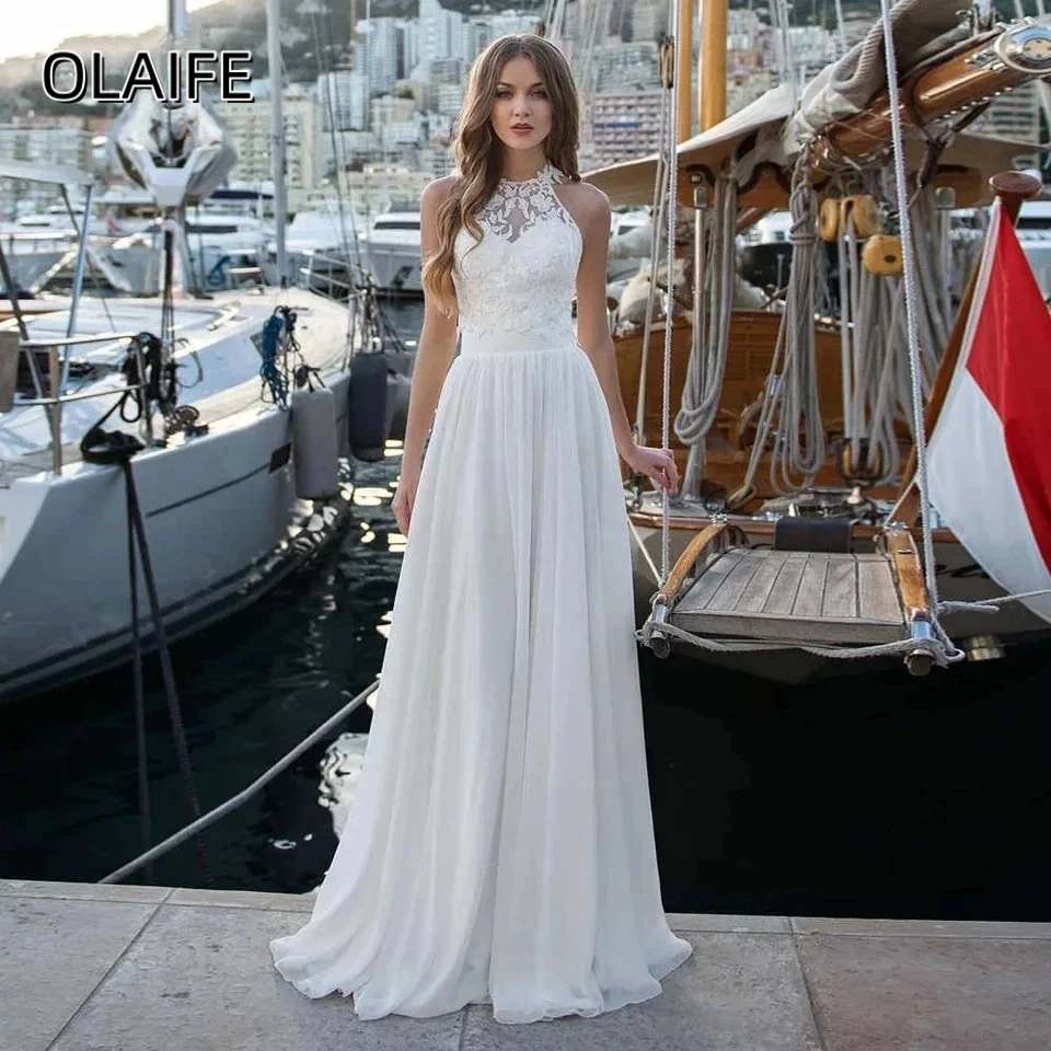 Olaife Elegant Chiffon Wedding Dresses Beach Applique Lace Bride Gown Halter Neck Sleeveless Boho Princess Party Gowns