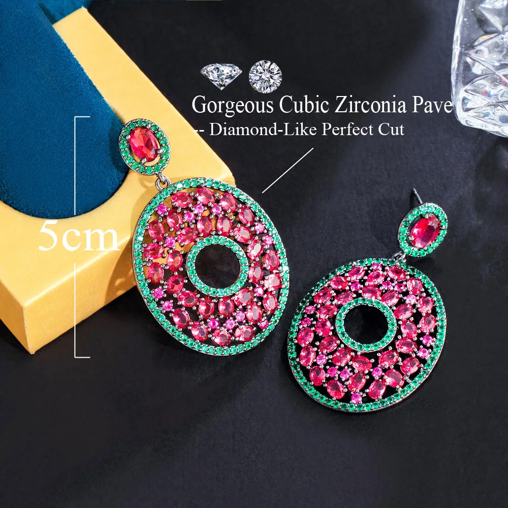 CWWZircons Genuine 5A Hot Pink Red Cubic Zirconia Stone Fancy Chic Round Drop Dangling Women Wedding Banquet Earrings Gift CZ547