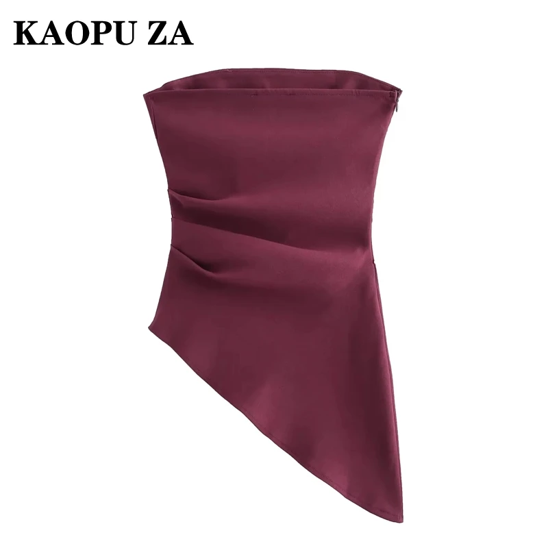 KAOPU ZA 2024 New Summer Woman Casual slash neck Collar Solid Color Vest Female Streetwear Side Zipper Ruffles asymmetrical Top