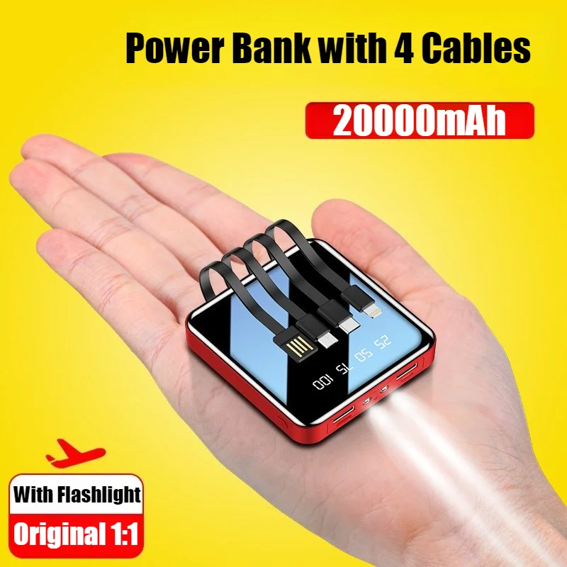 

New Portable Power Bank Comes with 4-wire 20000mAh External Battery Charger Cases Mirror Mobile Supply for iphone Samsung Xiaomi
