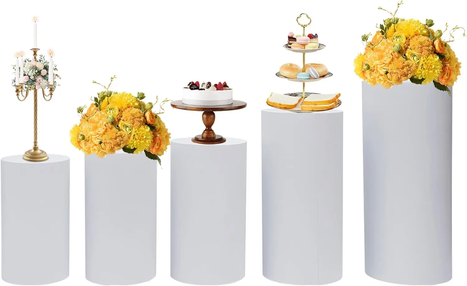 Cylinder Pedestal Stands 5Pcs Display Stand White Round Cylinder Stands for Party Decor Wedding Birthdays Baby Showers Art Event