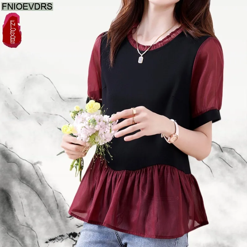 

Peplum Tops Blouses French Design Fashioon Women Summer Short Sleeve Casual O Neck Patchwork Ruffles Chiffon Shirts