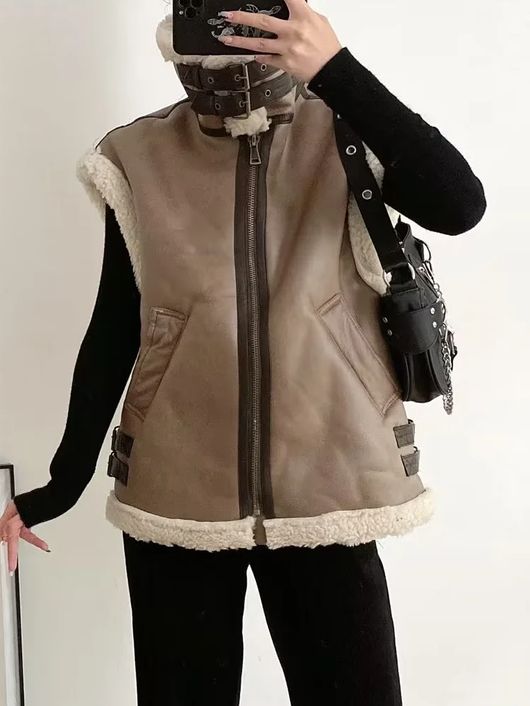Vintage Women Faux Leather Waistcoats 2023 Autumn-Winter Fashion Ladies Warm Thick Fleece Jackets Casual Female Chic Outerwear