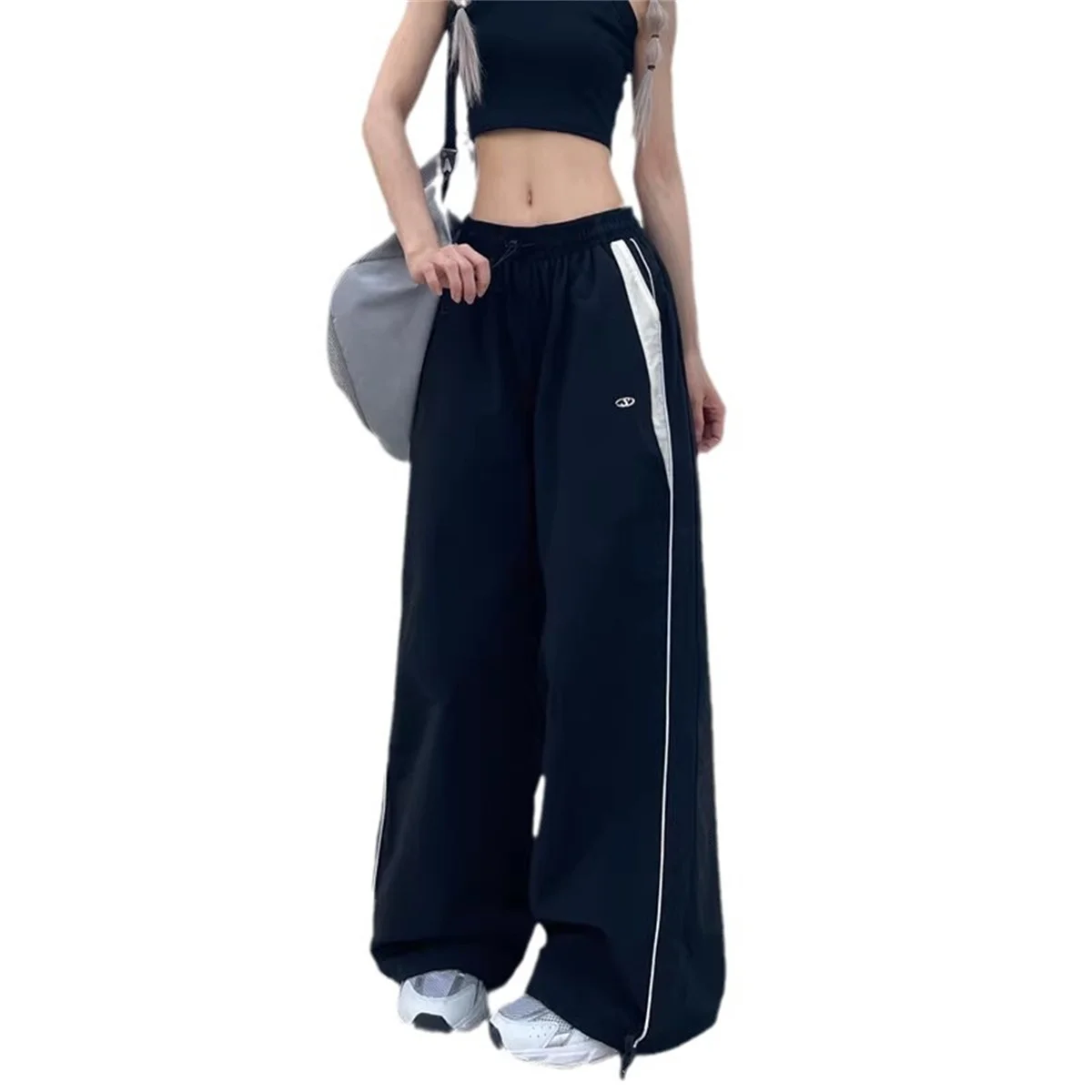 Retro Side Stripe Bowknot Wide Leg Pants Women High Waist Casual Sports Trousers Harajuku Cargo Pants Streetwear Hip Hop Joggers