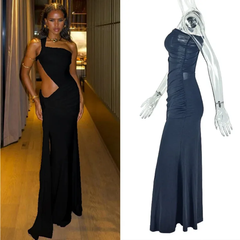 

2025 New One Shoulder Sexy Maxi Dress For Women Backless Cut Out Ruched Bodycon Long Gown Sleeveless Elegant Beach Party Outfit