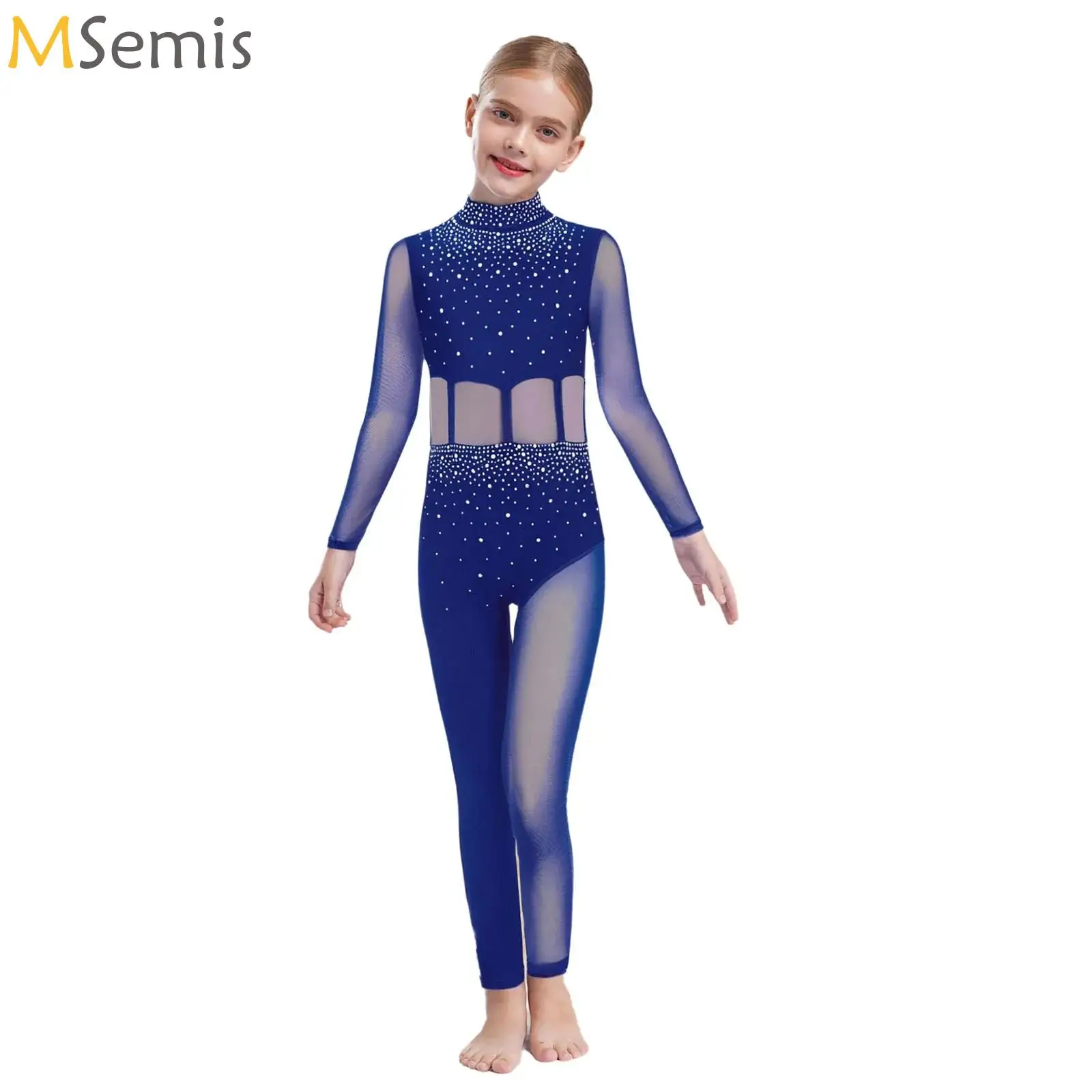 Kids Girls Sports Jumpsuits Gymnastics Unitard Ballet Dance Costume Long Sleeve Mesh Patchwork Skating Gym Performance Dancewear