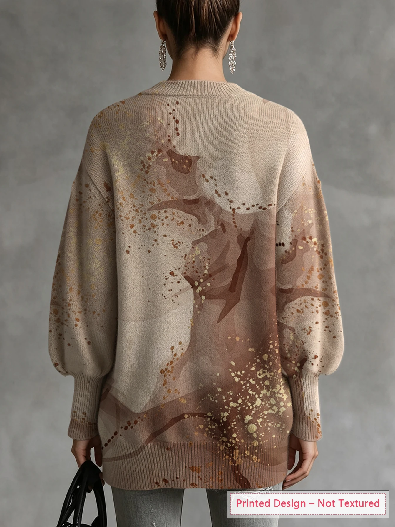 Women's Thin Sweater with Artistic Inkjet Pattern Print, Diagonal Hem and Lantern Sleeve Design, Suitable for Autumn and Winter Wear