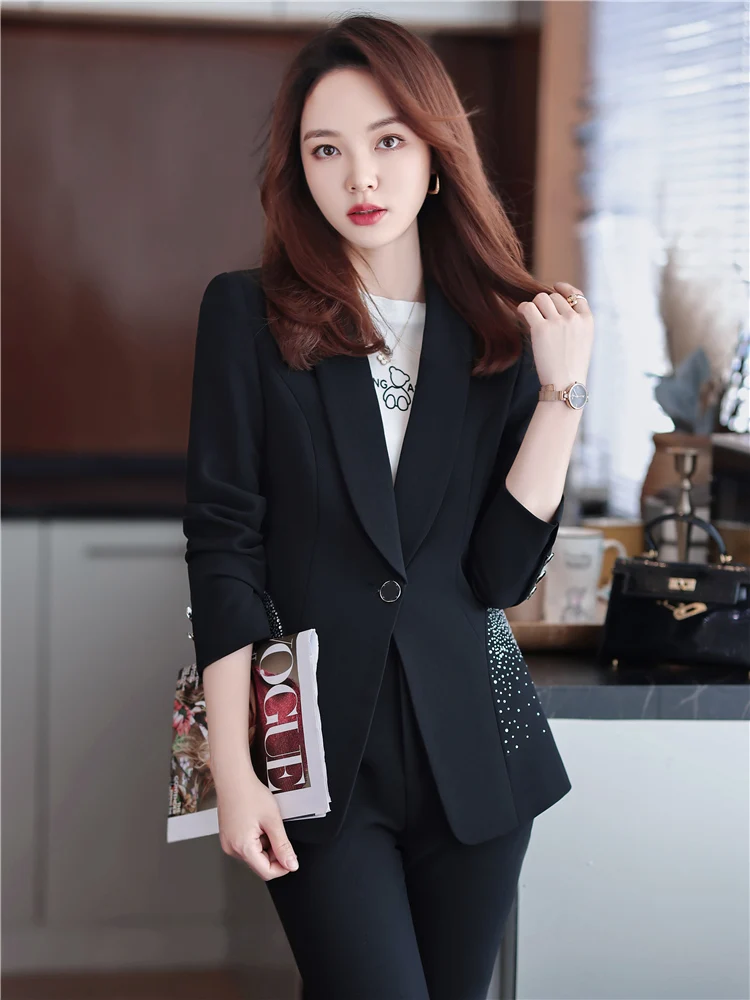 Women\'s Diamond Blazer Set Office Suit Pantsuit Simple Solid Color Collar Long Sleeve Jacket and Trousers 2 Piece Outfit Blue