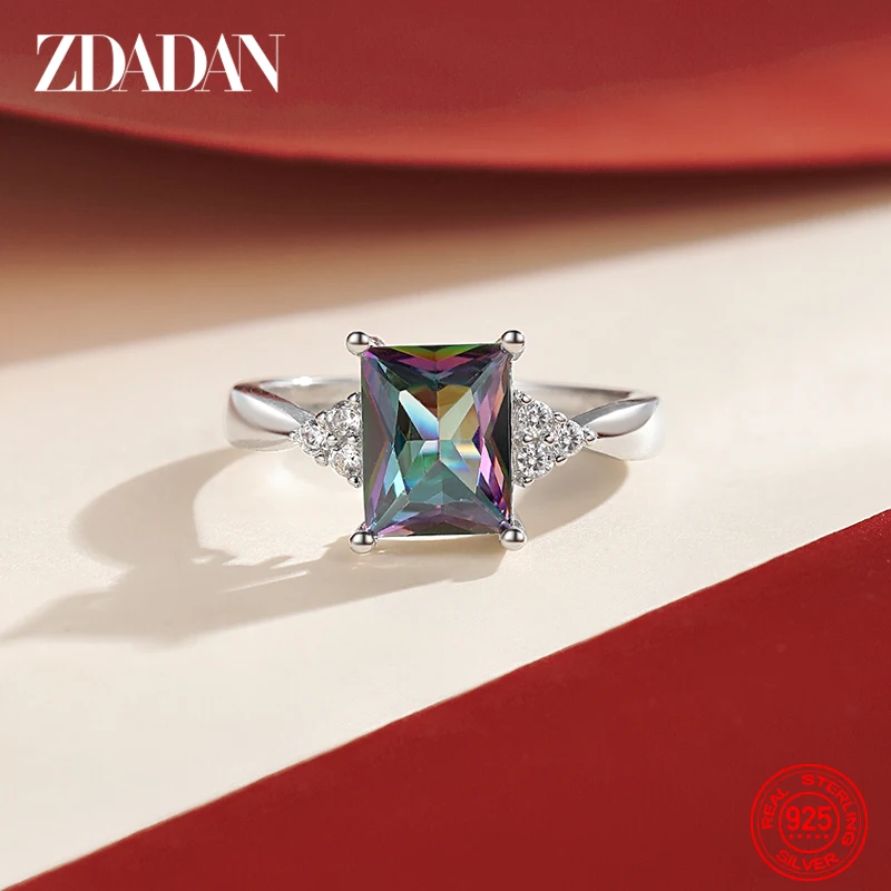 ZDADAN 925 Sterling Silver Square Aquamarine Ring For Women Fashion Wedding Jewelry