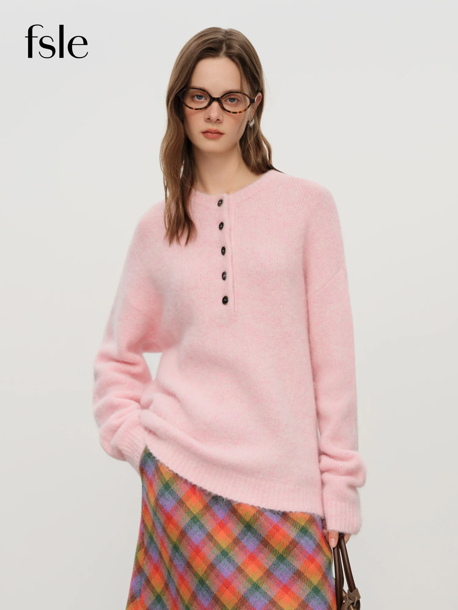 

FSLE 2025 Winter Women's Henley Neck Alpaca Wool Blend Sweater - Minimalist Oversized Stand Collar Top for Casual Comfort