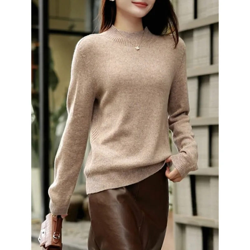 

100% Wool Seamless Half High Neck Sweater Autumn Winter Women Long Sleeve Solid Color knit Pullover Tops