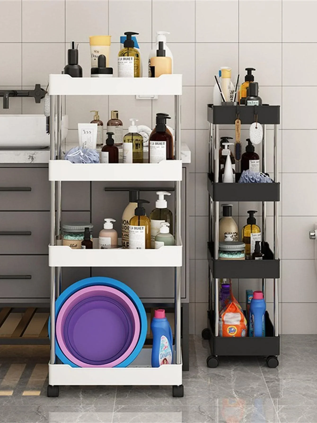 Carro con diseño de rodillo de 3/4 niveles, estante de almacenamiento de varios pisos, estante de almacenamiento con espacio móvil, organizador deslizante delgado para cocina y baño, 1 ud.