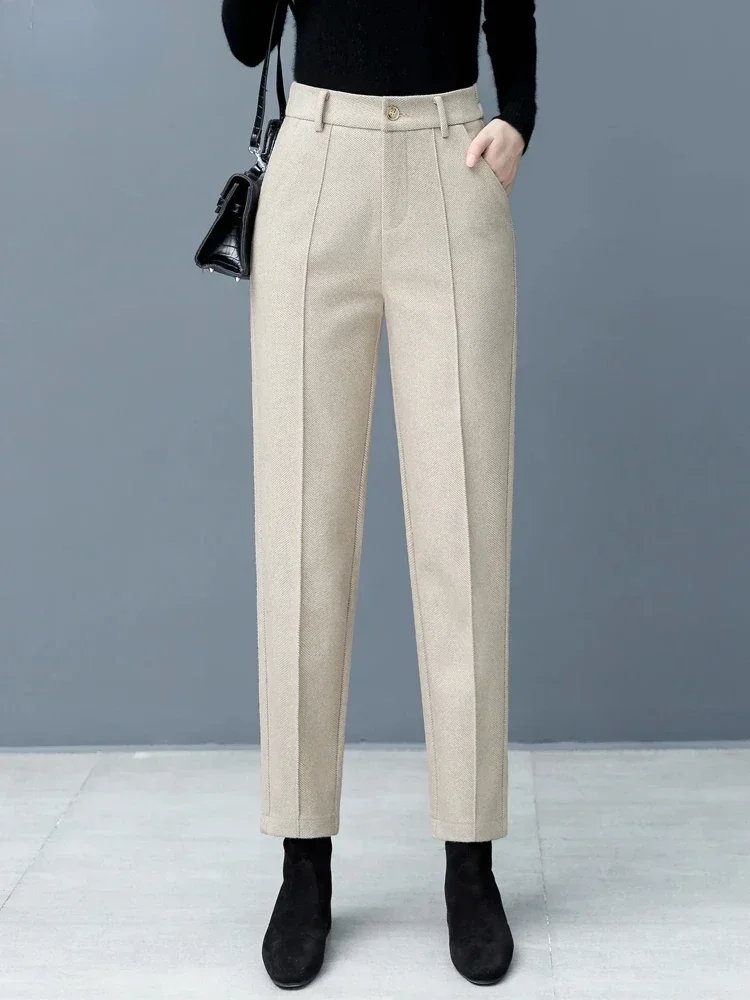 

Autumn Winter Woolen Pants Women Casual High Waist Loose Harem Pants Herringbone Elastic Waist Black Thick Warm Fashion Trousers