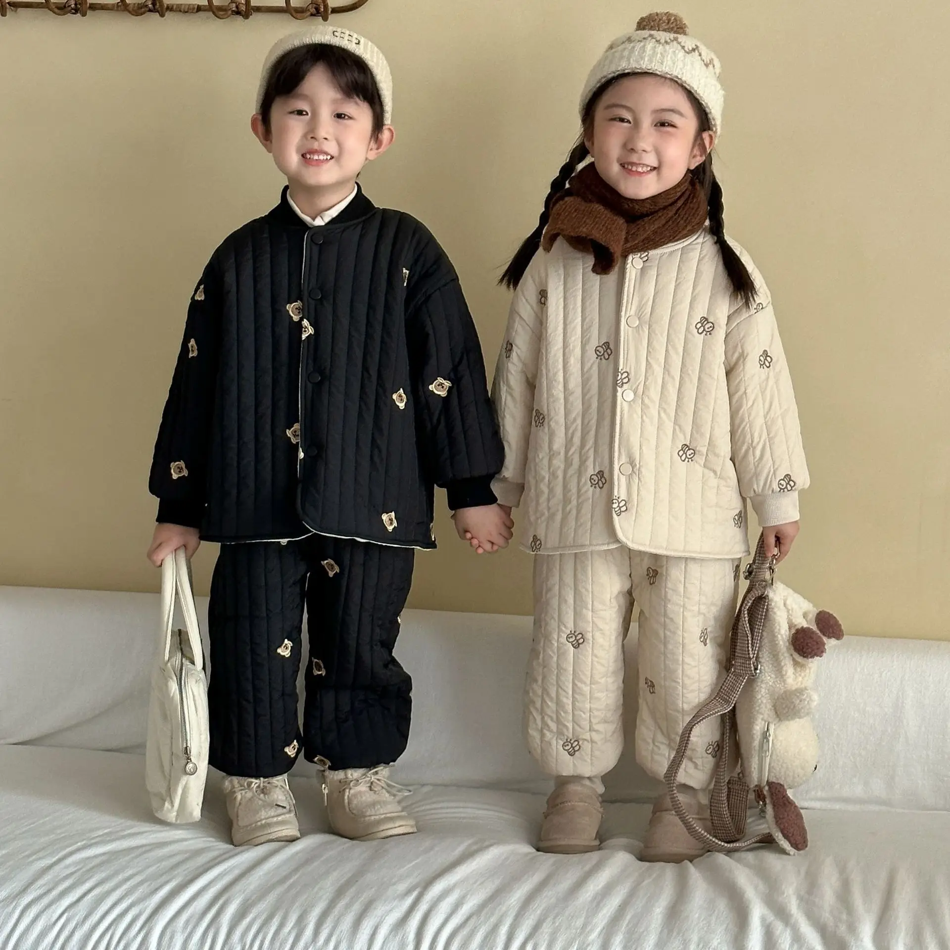 Boys Girls Cotton Padded Jacket + Pants 2pcs Suit Kids Warm Coat Outfits 2025 Winter New Children Plus Velvet Thick Clothes Set