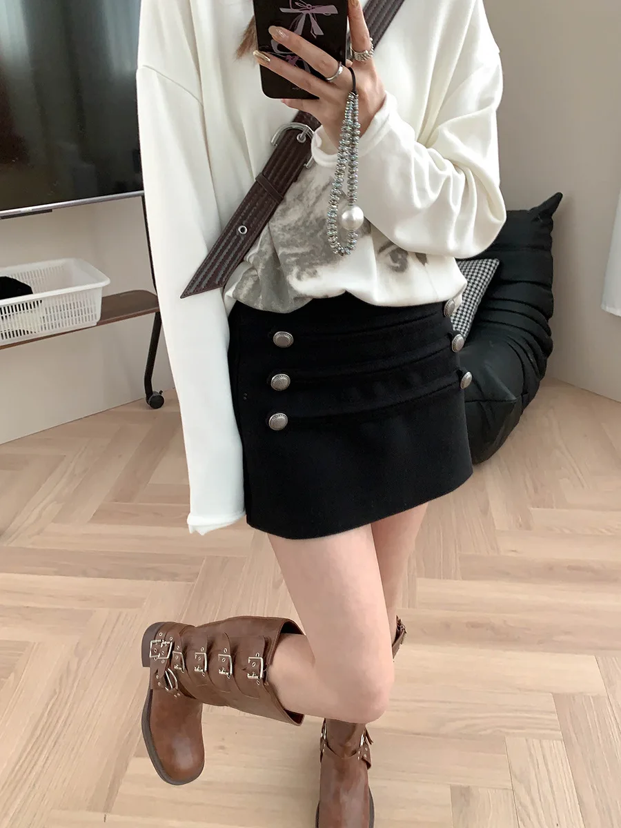 

Retro double breasted high waist slimming A-line wrapped hip hair woolen half body short skirt