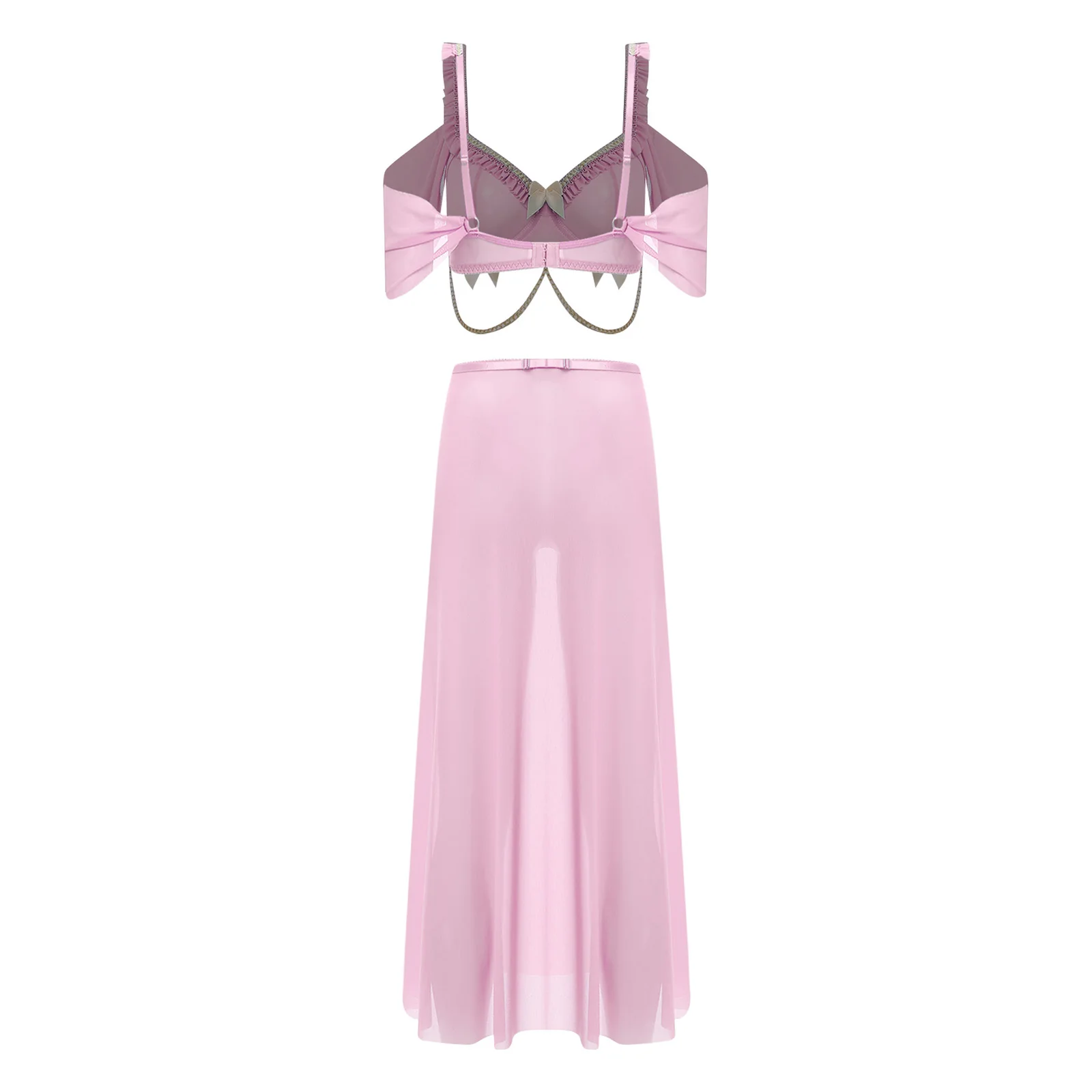 Elegant Womens Arab Princess Cosplay Costume Bow Underwire Bra Crop Top High Slit Mesh Skirt And T-back Thong Belly Dance Outfit