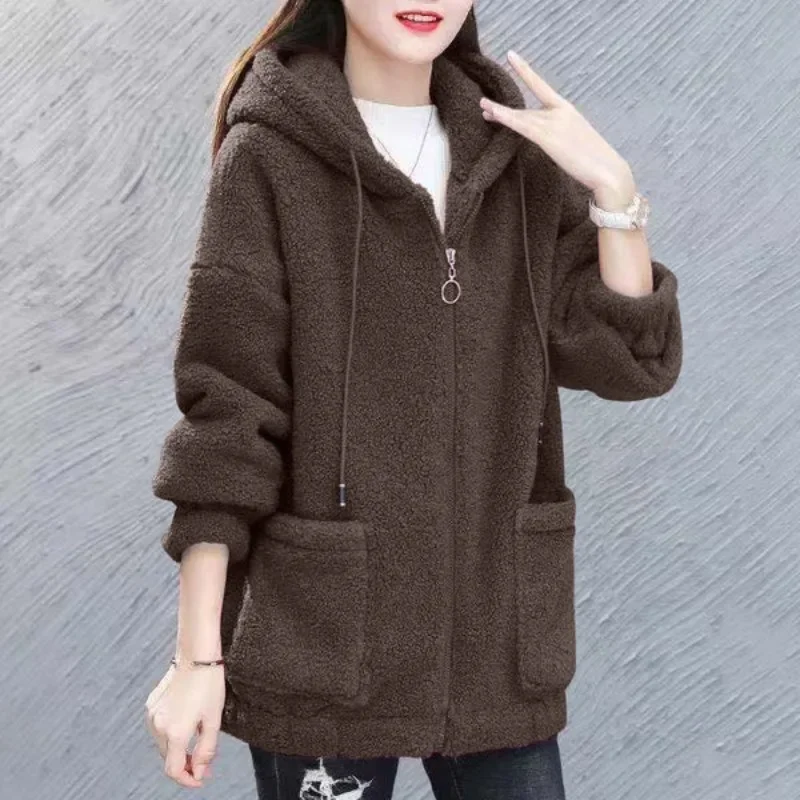 Women Fleece Hooded Sweater Solid Lamb Cashmere Cardigan Jacket Coat Ladies Casual Plush Autumn Winter Long Sleeve Korean Tops