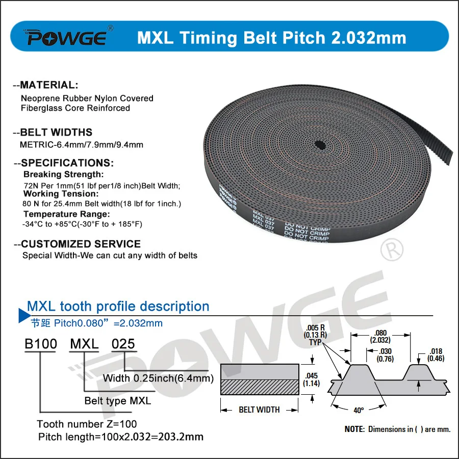 POWGE Trapezoidal Rubber MXL Open Timing belt Width 3-15mm Pitch 2.032mm Neoprene fiberglass PU Polyurethane Steel MXL Pulleys