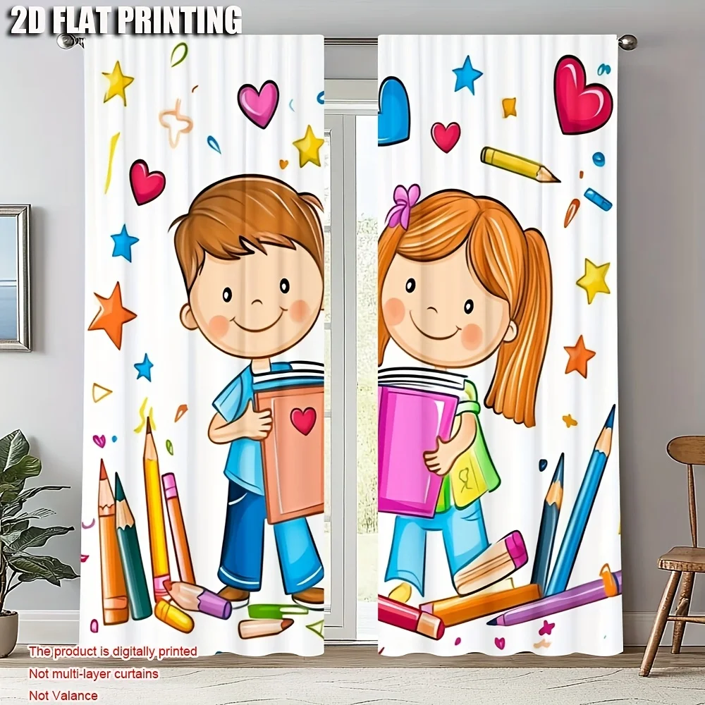 Cute School Kids with Books Blackout Curtains - Cartoon Boy and Girl Student Print Window Drapes with Pencils and Stars for Kids