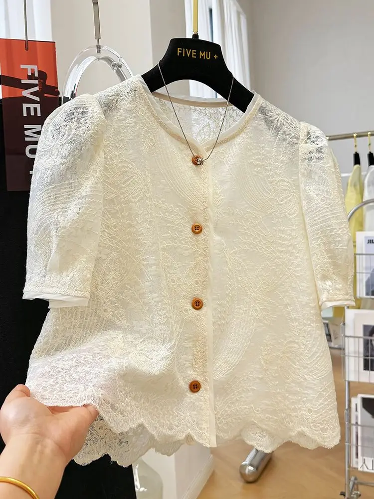 

plus Size Bubble Short Sleeve Lace Shirt Women's Summer Loose Thin Style Short Length Small Shirt Korean Version Commute Style