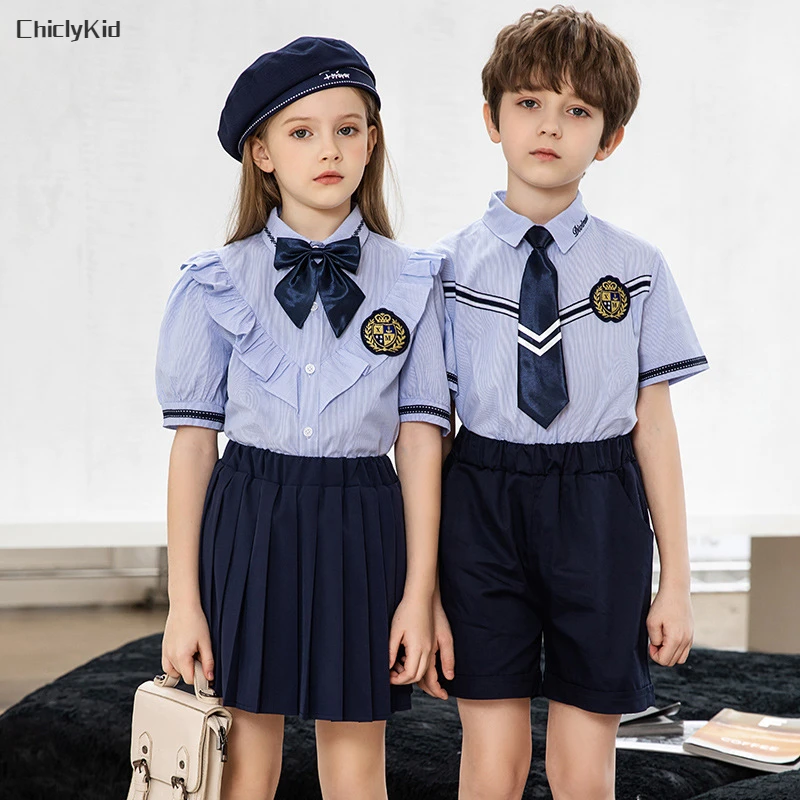 

Children Summer School Uniform Boys British Shirt Tie Shorts Girls Blouse Skirts Students Kids Kindergarten Class Clothes Sets