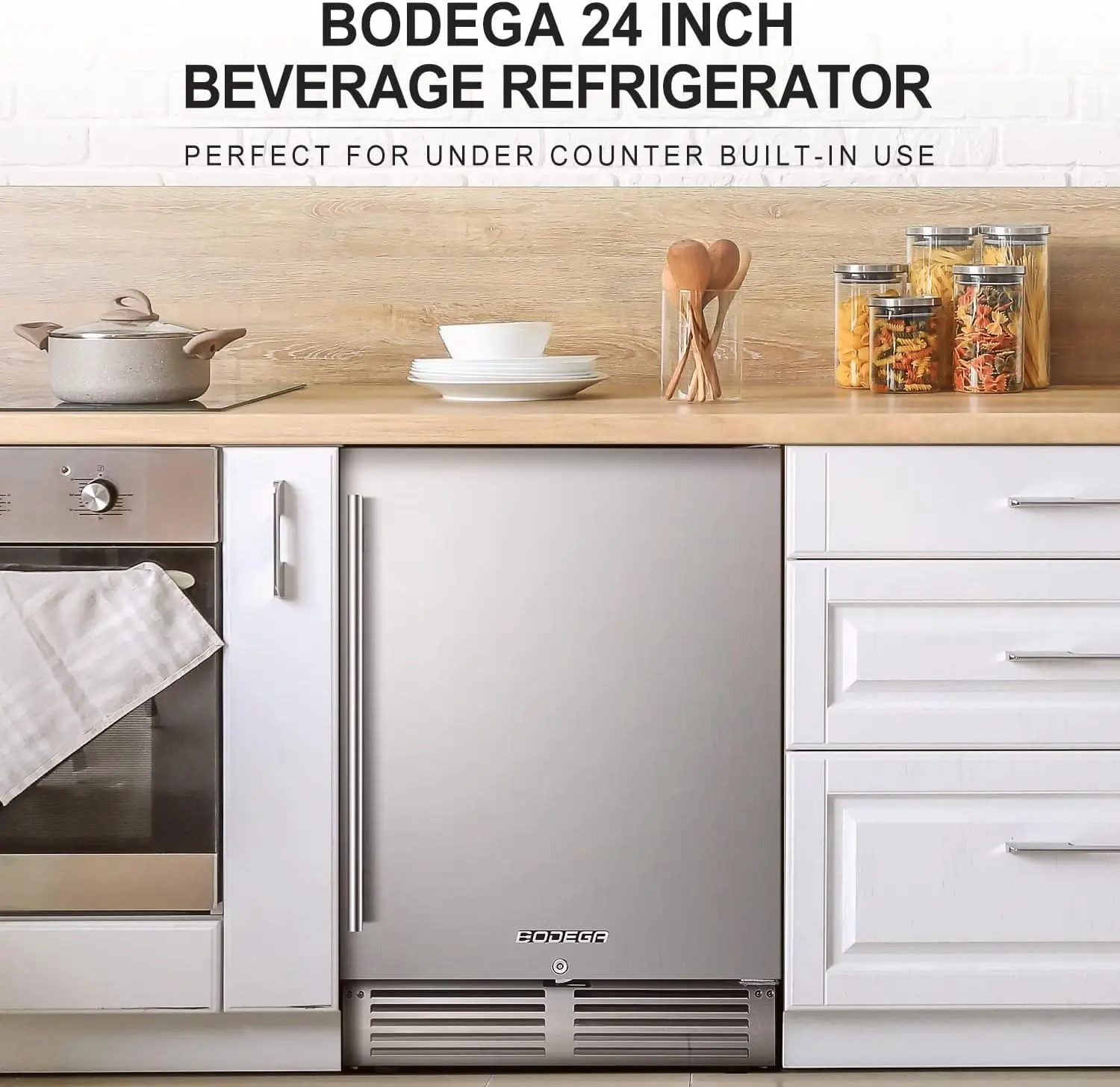 BODEGA Beverage Refrigerator with Lock,24 inch Outdoor Refrigerator Stainless Steel Door,164 Cans Beverage Fridge under Counter,