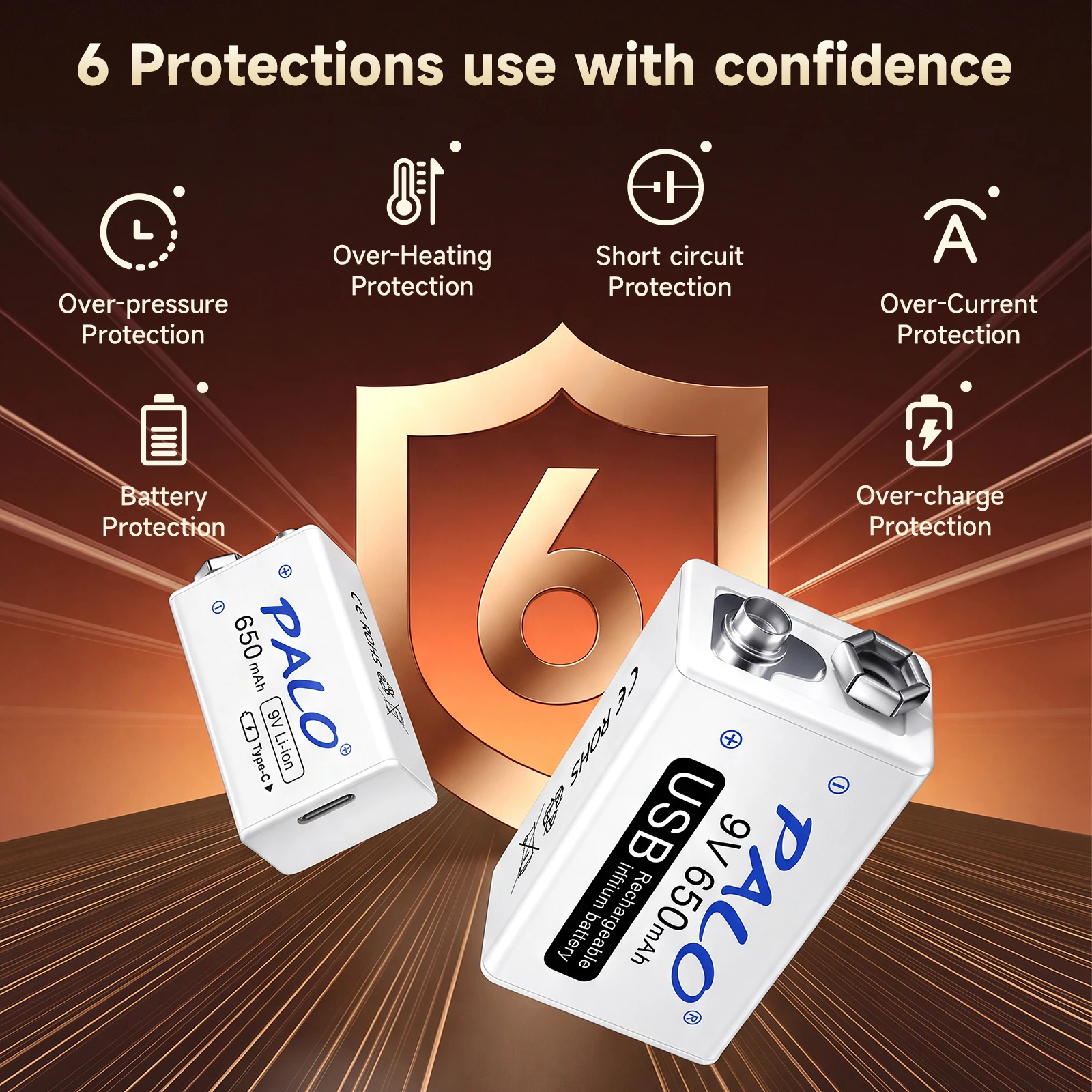 Akumulator litowo-jonowy PALO 650mAh 9V, bateria litowa 9V do multimetru, mikrofonu, zabawek, pilota, KTV — zdjęcie produktu 5