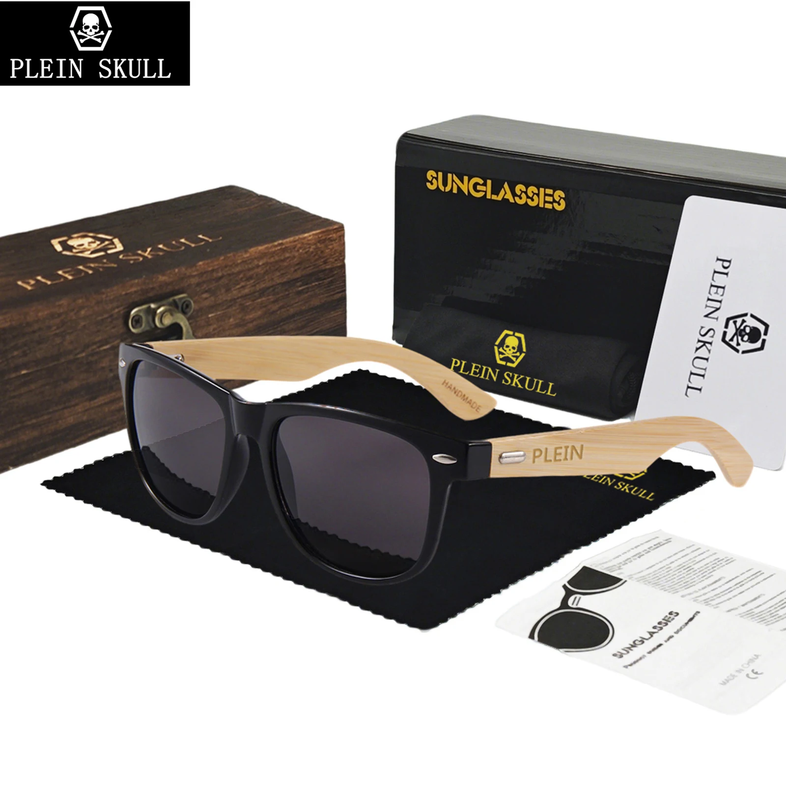 Plein Skull Damen Bambus-Sonnenbrille Klassische Lässige Personalisierte Sonnenbrille Unisex Modische Herren-Sonnenbrille mit Rand