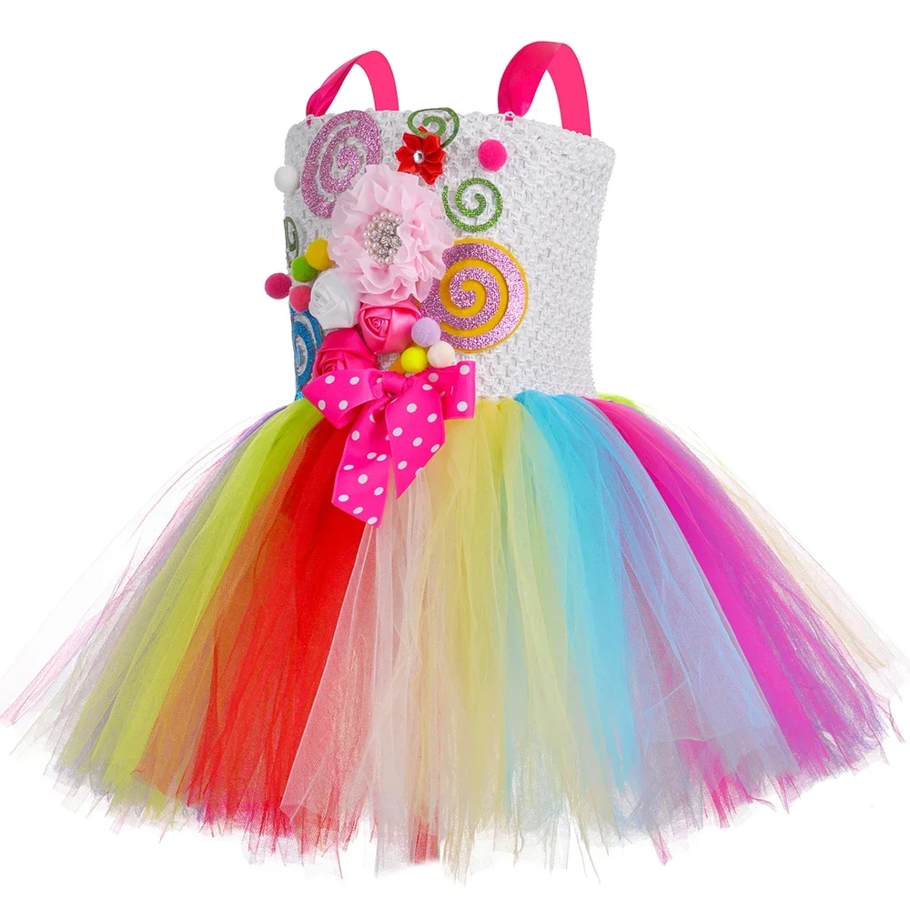 Sweet Rainbow Candy TutuสำหรับสาวฮาโลวีนวันเกิดPartyเสื้อผ้าเด็กดอกไม้Bow Lollipop Candyเครื่องแต่งกายHeadband