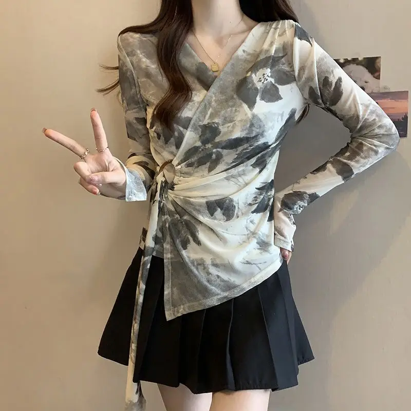 Ink Painting Slim Irregular T-shirt Women's Clothing Waist Fashion Bandage Spring Autumn Commute V-Neck Folds Spliced Pullovers