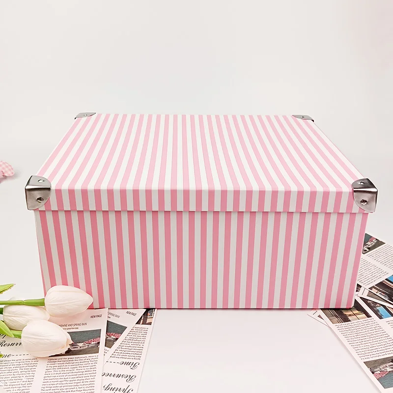 

Pink Striped Snap Storage Box, Cardboard Foldable Storage Decorative Box, Suitable For Office Storage, Home Decoration