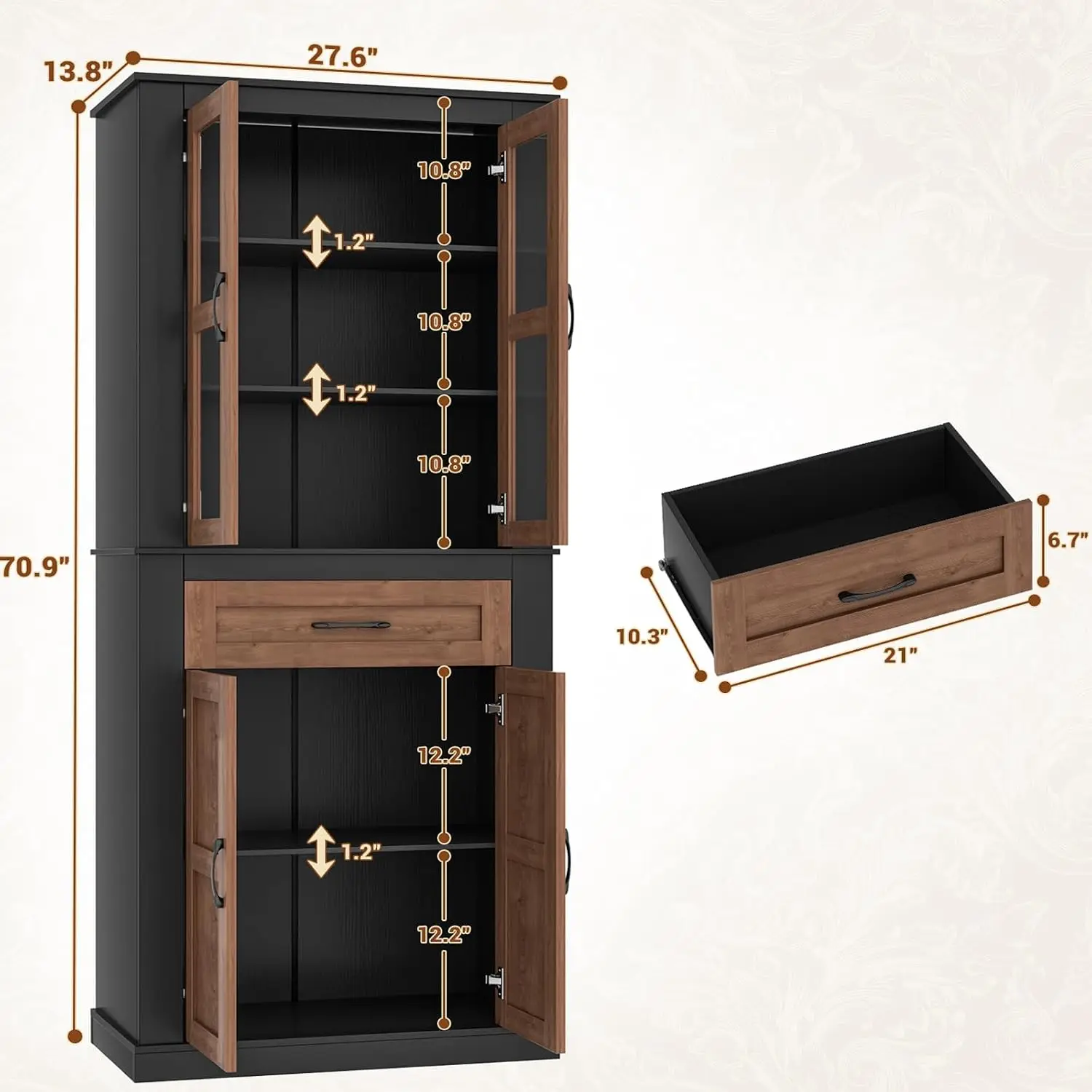 70.9 Inch Walnut Kitchen Pantry Cabinet with Glass Door and Drawer, Farmhouse Storage Cupboard with Adjustable Shelves