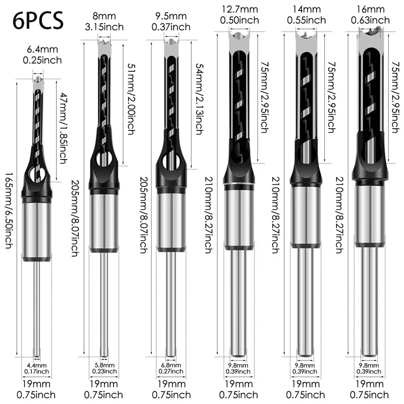 

6pcs High-Speed Steel Square Hole Drill Bit Set Hss Twist Square Hole Drill Bit 6.4-16mm Spiral Mortise Chisel for Woodworking