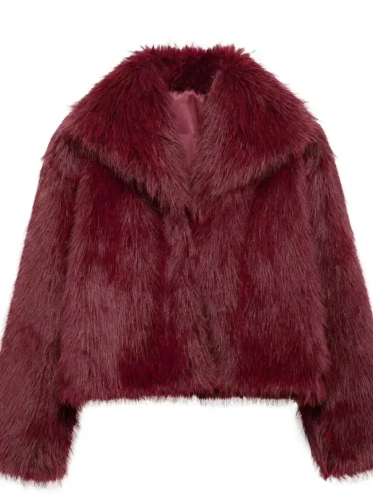 Abrigo corto y cálido Retro Borgoña para mujer, chaqueta de piel sintética de manga larga con solapa holgada de Color sólido elegante a la moda, nuevos abrigos de calle