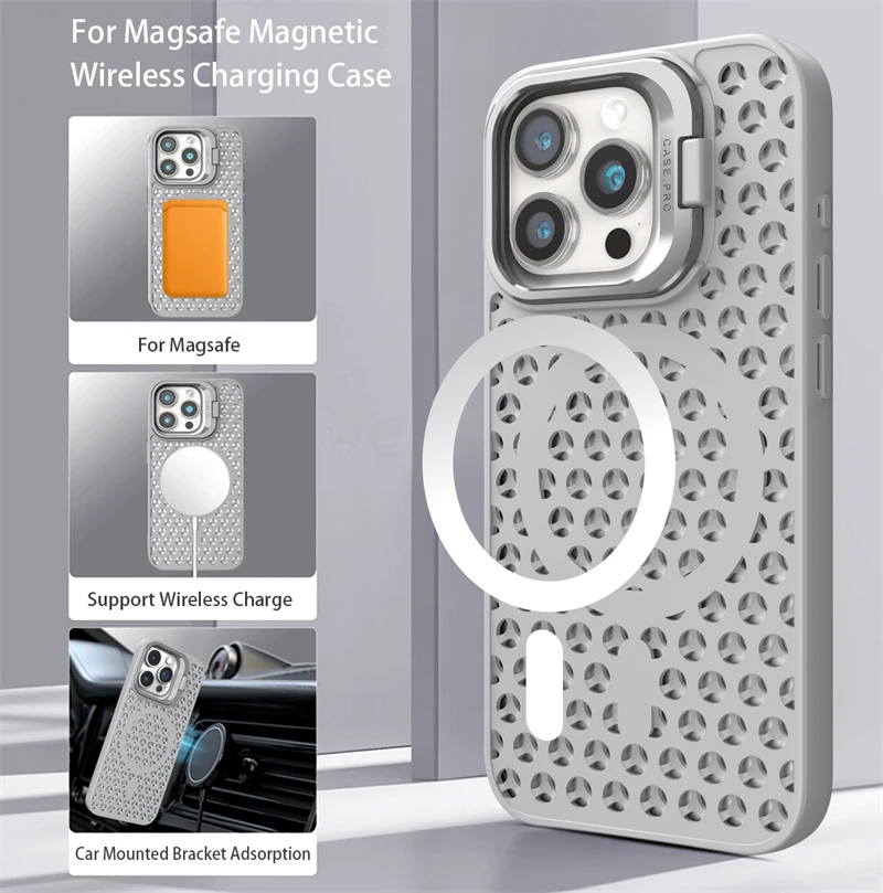 Luxury Camera Fold Holder Case For iPhone 16 15 14 Plus 12 13 11 Pro Max For Magsafe Wireless Charge Heat Dissipation Soft Cover