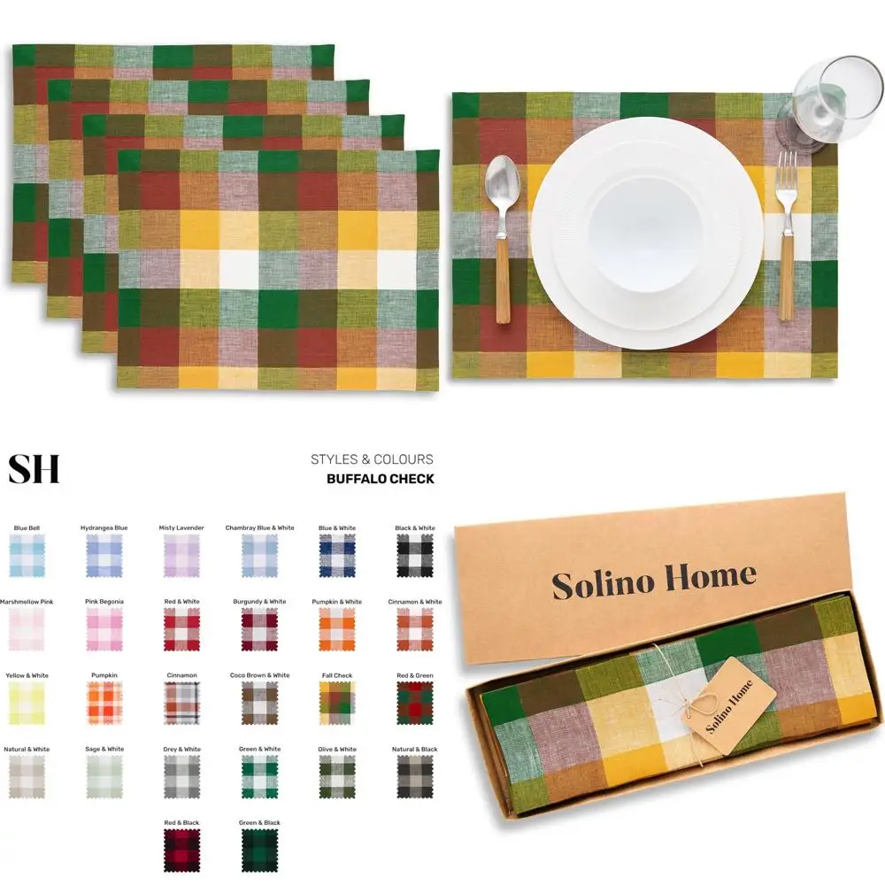 

Solino Home Linen Placemats Set of 4-100% Pure Linen Fall Multicolor Buffalo Check Placemats 13 x 18 Inch - Farmhouse Place Mats