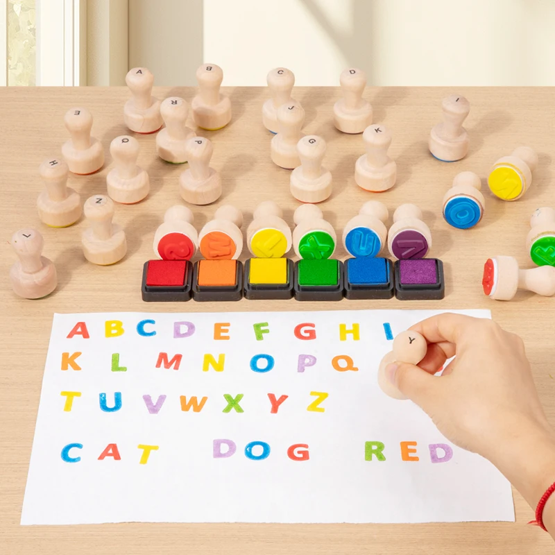 26 Pieces Wooden Alphabet Stamps for Kids Gift Word Spelling Uppercase Letter Learning Toy Educational Toy Wood Letter Stamp Set - view 3