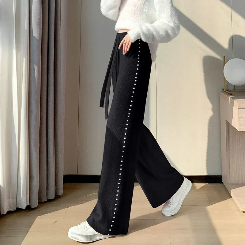 

Autumn Winter Warm Mink Pants Woman Casual Loose Wide Leg Bead Pearl Trousers Women Versatile Floor Length Y2k Pants