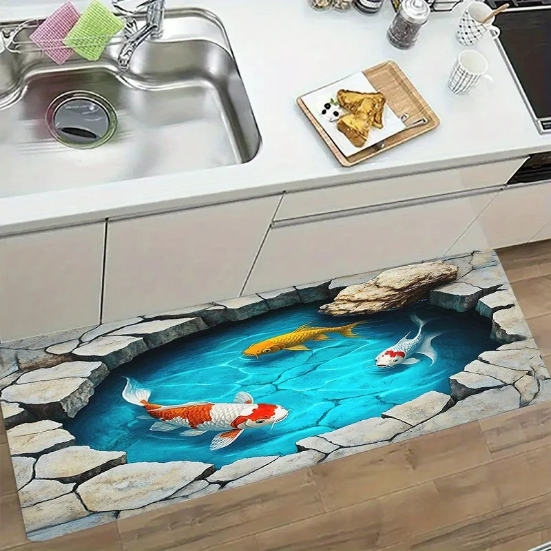 

Кухонный коврик 3D с изображением карпов кои, нескользящий, моющийся, с иллюзией разбитого камня, для прихожей и кухни, влаговпитывающий