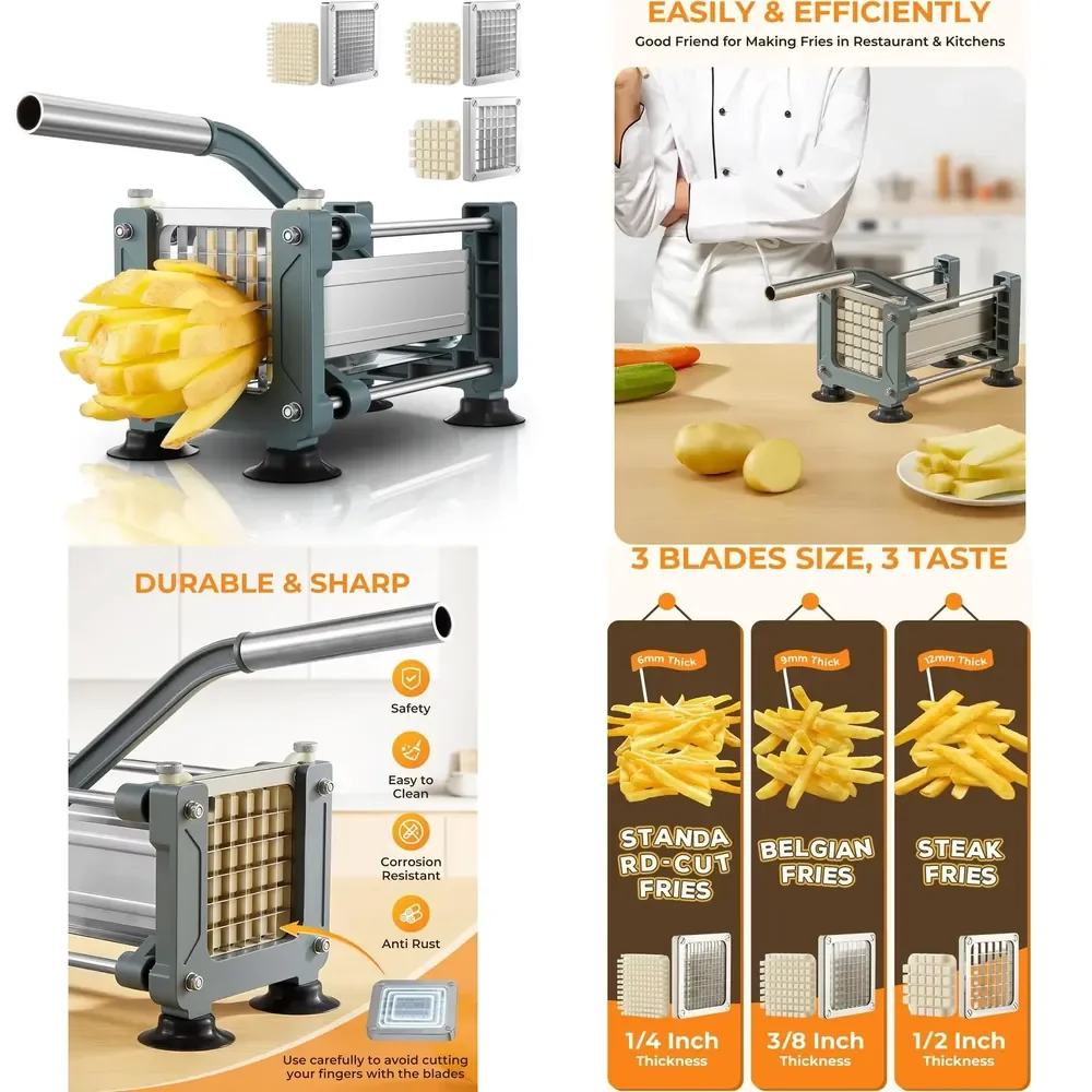 

Professional Modern Manual Potato Cutter with 3 Stainless Steel Blades for Fries Carrots Cucumbers-Easy to Use US Origin
