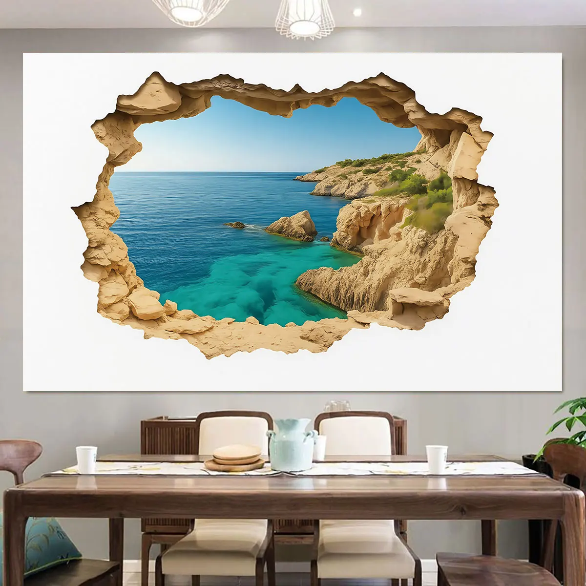 1pc Rock Wall Sea View Perforated Simulated Circular Flat PVC Wall Sticker, Art Wall Decoration For Living Room And Bedroom I