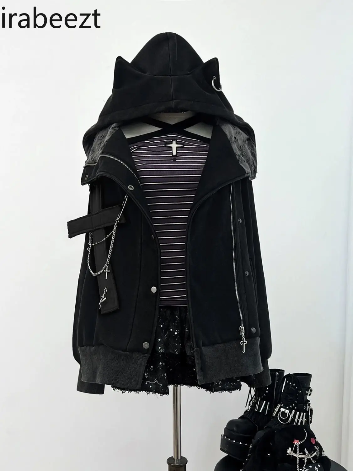 ثقافة فرعية الحلو التوابل الألفية الشرير سلسلة داكنة الصليب زائد الصوف القط الأذن معطف هوديي معطف سوداديراس الفقرة موهير