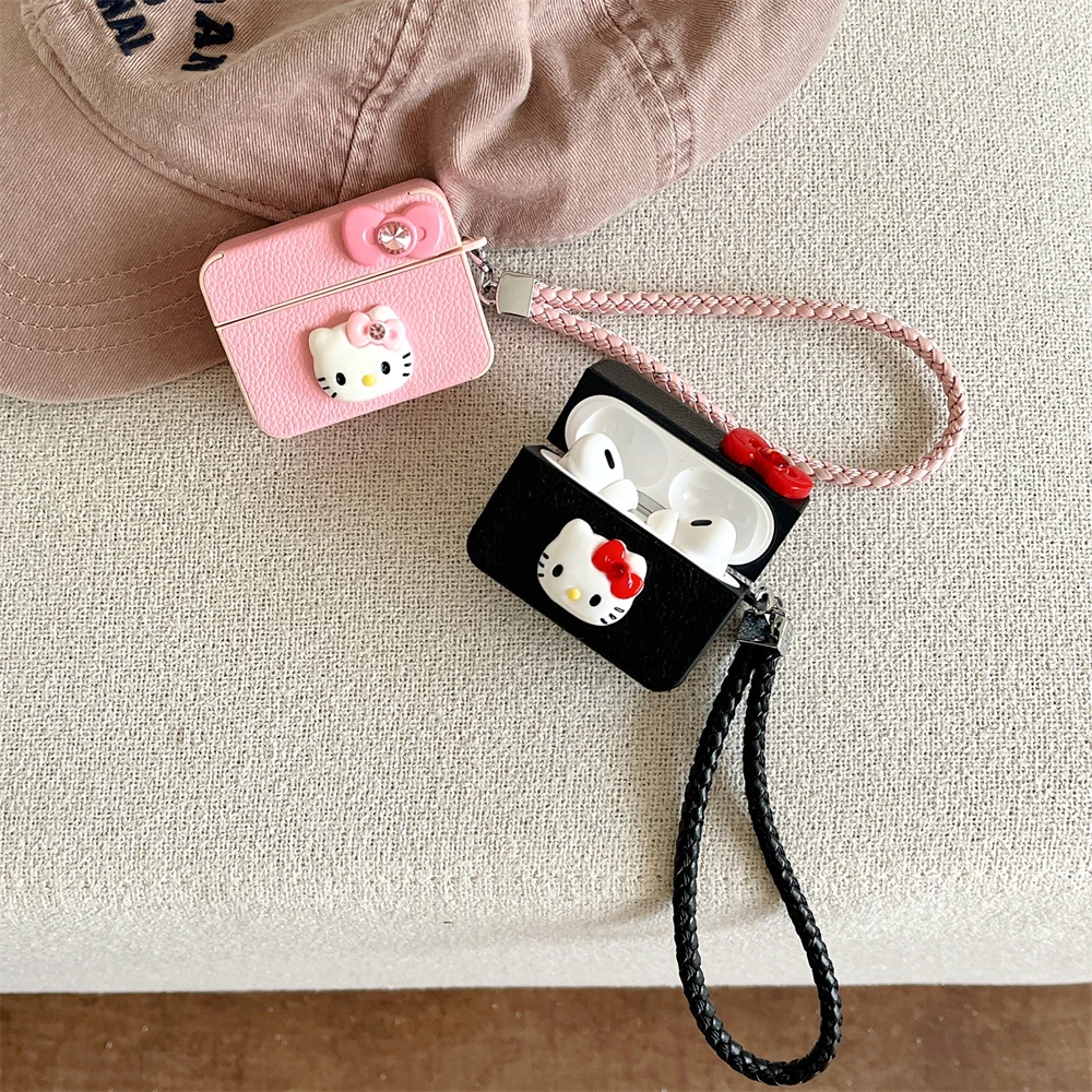 

Pink, black Hello Kitty Leather Feel Earphone Case for AirPods 1 2 3 4 Pro 2rd Cute Cartoon Sanrio With Lanyard Protective Cover